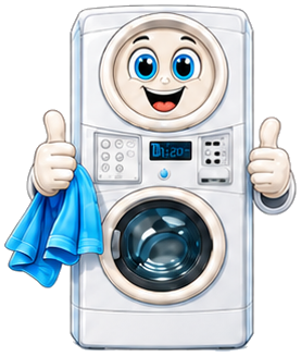 Mascote em formato de máquina de lavar da Clean Club